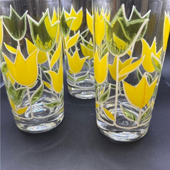 5 VINTAGE CULVER YELLOW & GREEN TULIP GLASSES Tumblers 1970’s 7"T - Picture 4 of 7